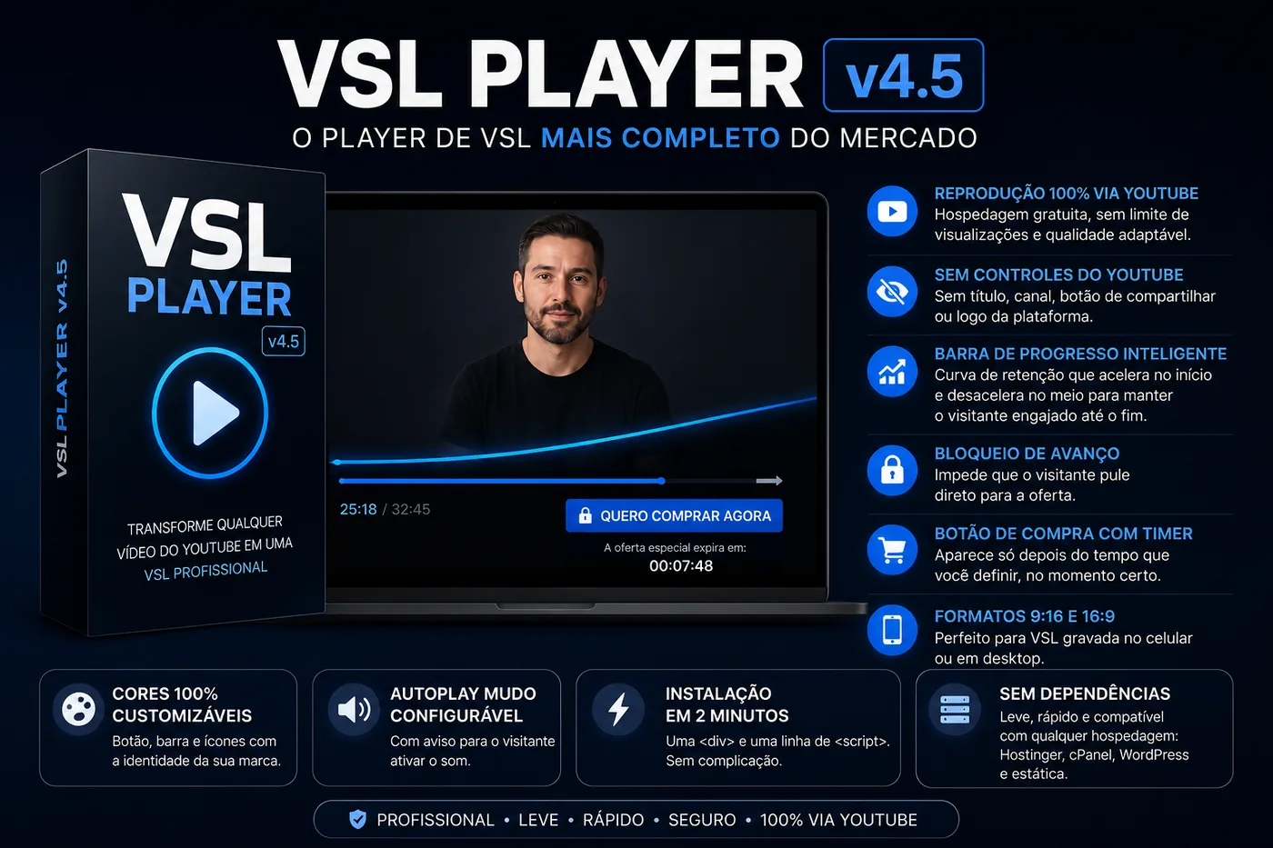 VSL Player YouTube v4.5 rodando em formato vertical e horizontal
